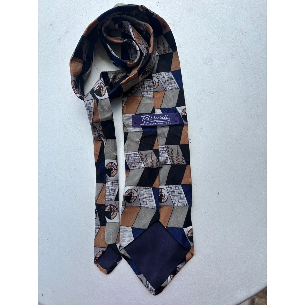 Trissardi Silk Necktie Geometric Abstract Bronze Grey Navy Blue Black‎ Mens Tie